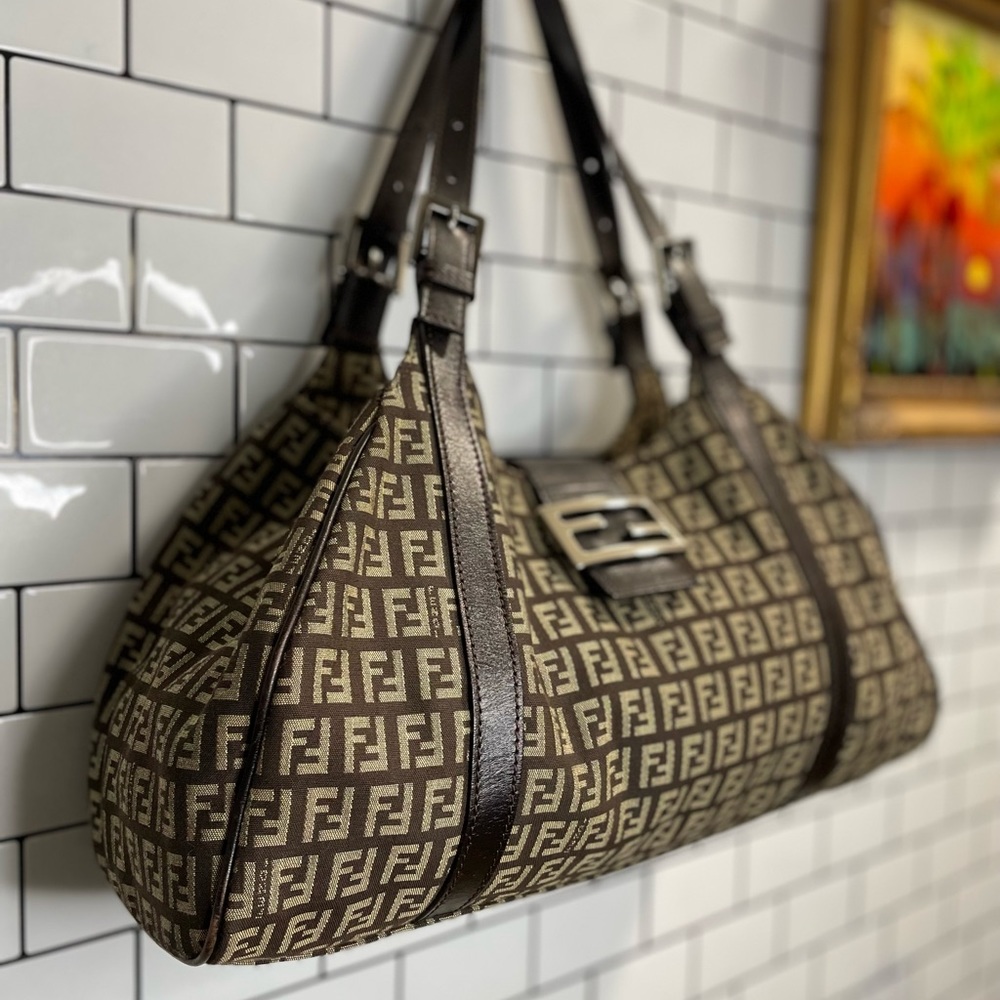 Vintage Fendi Brown Zucchino Canvas and Leather Borsa Piccola Satchel - Picture 7 of 16